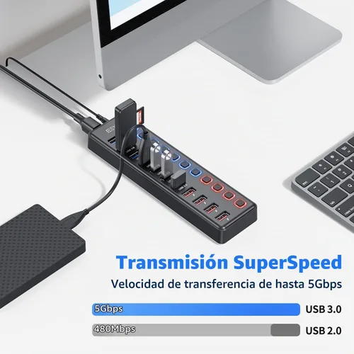 Vista 2 de Hub USB alimentado, concentrador USB 3.0 de 11 puertos JESWO (7 puertos de transferencia de datos + 4 puertos de carga inteligente)