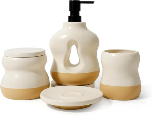 Vista 11 de BosilunLife Juego de 4 accesorios de baño de cerámica, dispensador de jabón Beige con negro.