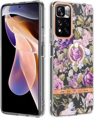 Vista 7 de ONV Funda de silicona para Redmi Note 11 Pro 5G – Funda con anillo de metal con purpurina de lujo con flor pintada con flores, funda delgada