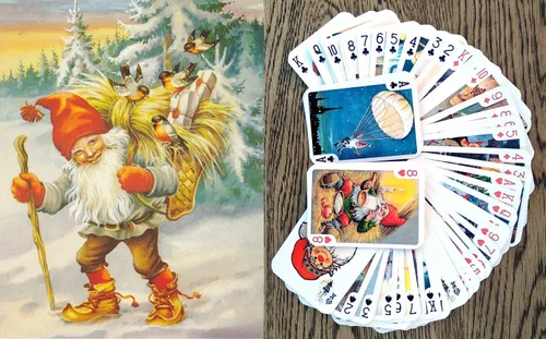 Vista 6 de Naipe de cuento de hadas de Navidad (baraja de póquer 54 cartas todas diferentes) Arte ingenuo Adorable Navidad Niñas Hadas Perros y Gatos Paisajes