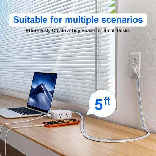Vista 6 de Protección contra sobretensiones y regleta de enchufes, 8 tomas con 4 puertos USB (2 USB C), extensor de enchufes de 4 lados de 1050J con cable