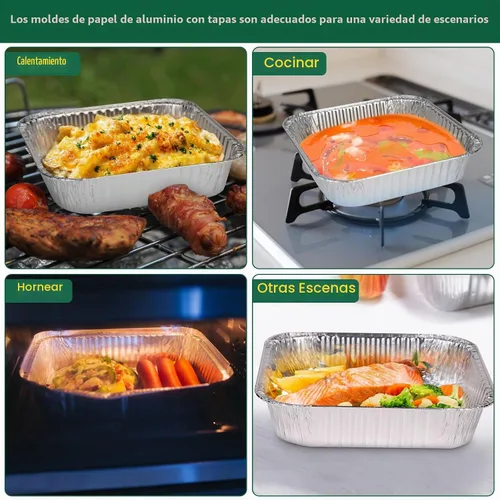Vista 3 de Bandejas desechables de papel de aluminio de 8 x 8 pulgadas con tapas (paquete de 15) - Bandejas de hornear resistentes para freidora de aire, horno