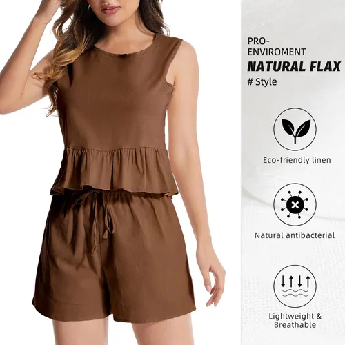 Vista 2 de FIHCH Conjunto de 2 piezas de lino para mujer, conjunto casual de 2 piezas, camiseta sin mangas, pantalones cortos con cordón, bolsillos, conjunto