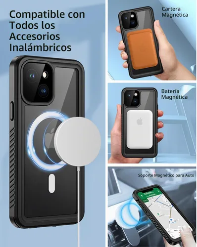 Vista 2 de Lanhiem Funda magnética para iPhone 13, impermeable, a prueba de polvo, a prueba de golpes, con protector de pantalla integrado compatible con Negro