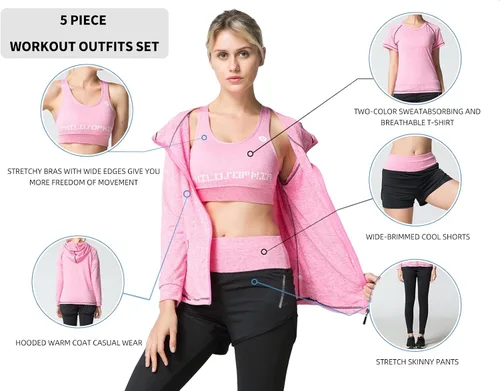 Vista 2 de TONGXinHUA - Conjunto de 5 piezas de entrenamiento para mujer trajes deportivos para hacer yoga bailar fitness