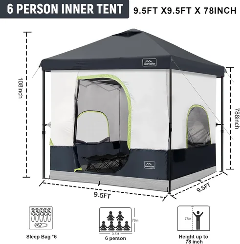 Vista 3 de KAMPKEEPER Tienda de campaña para 6 personas, tienda de campaña desplegable de 10 x 10 pies con tienda interior de campamento, convierte el toldo