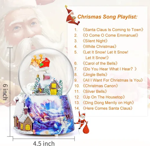 Vista 6 de Caja de música de Navidad, regalo de globo de nieve, Papá Noel giratorio musical volando sobre la aldea con purpurina, regalo para niñas, esposa