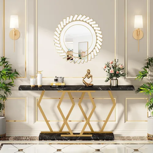 Vista 3 de Tribesigns - Mesa de sofá extra larga de 70.9 pulgadas. Mesa consola en negro y dorado con superficie de mármol sintético, mesa larga moderna