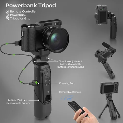 Vista 5 de Cámara de vlogging 4K con kits Creator Cámara digital 5K para fotografía Cámara de video de 64MP con pantalla abatible, micrófono, trípode