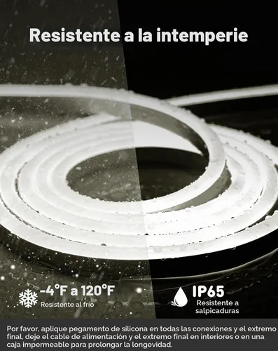 Vista 4 de luces LED de cuerda AC 120V, tira de neón eco de 120 LED/m sin puntos, conectable y cortable, ETL IP65 impermeable y resistente al clima