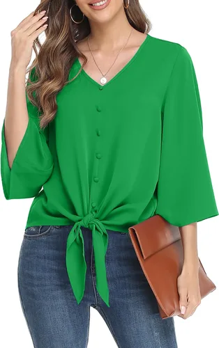 Vista 25 de VIISHOW Blusas de verano para mujer, con botones, cuello en V, de gasa, mangas acampanadas de 3/4, con nudo, casuales 01 Blanco