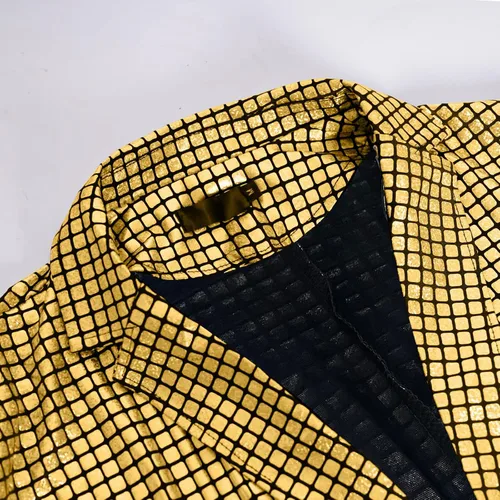 Vista 5 de ATTBEA Conjunto de disfraz de discoteca para hombre, traje de lentejuelas brillantes y pantalones, chaqueta metálica, trajes de Halloween