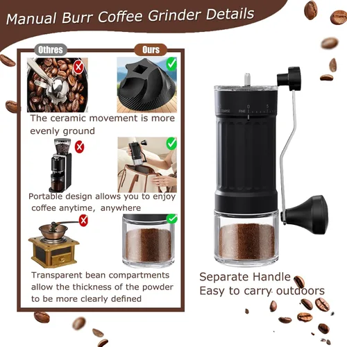Vista 5 de Molinillo de café manual, molinillo de café cónico de cerámica de manivela, 40 velocidades, grosor ajustable externo para expreso, expreso, prensa
