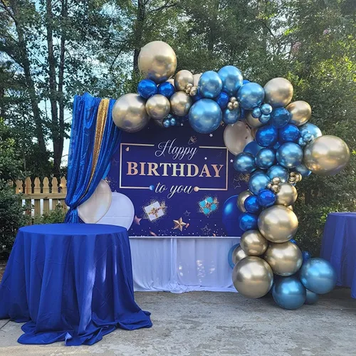 Vista 4 de Telón de fondo de feliz cumpleaños para hombres, azul marino, dorado, regalo de cumpleaños, bandera de estrella, globo, fondo de globo, para niños