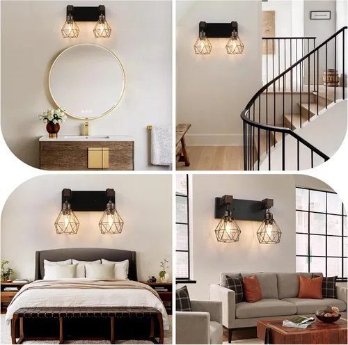 Vista 6 de Lámpara de tocador estilo casa de campo para baño, luminarias de tocador de baño de 2 luces negra dorada de madera sobre espejo, apliques rústicos