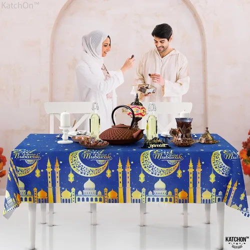 Vista 6 de KatchOn, Blue Eid Mubarak Mantel de 108 x 54 pulgadas, paquete de 3 manteles de Eid Mubarak para decoraciones de Eid para el hogar Decoraciones