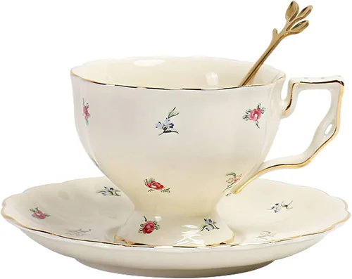 Vista 13 de Juego de taza de té y platillo de porcelana, taza de café de cerámica de 8.5 onzas líquidas con platillo y cuchara, taza de café vintage con ribete