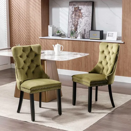 Vista 8 de Silla de comedor tapizada de terciopelo con respaldo copetudo y patas de madera, silla auxiliar moderna decoración de remaches, para comedor Negro