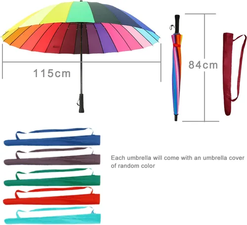 Vista 7 de 24k color arco iris paraguas moda mango largo recto anti-UV sol/lluvia stick paraguas manual grande parasol