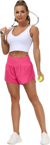 Vista 4 de THE GYM PEOPLE - Pantalones cortos deportivos de entrenamiento para mujer, con cintura alta, de secado rápido, con forro de malla y bolsillos