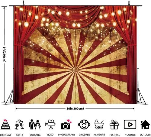 Vista 3 de Telón de fondo de circo de 10 x 8 pies para fiesta temática de carnaval, fondo rojo de cortina para baby shower, fiesta de cumpleaños, pancarta