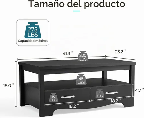 Vista 3 de LINSY HOME Mesa de centro de granja con almacenamiento, mesa de centro de madera para sala de estar, área de exhibición abierta y cajones