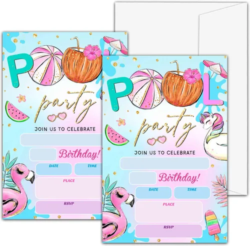 Vista 8 de Invitaciones de cumpleaños de playa A01 – Tarjetas de relleno para fiesta de cumpleaños número 13 para niños y niñas (20 invitaciones con 20 sobres)