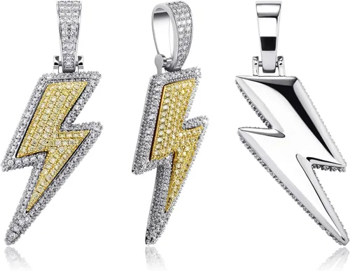 Vista 25 de JINAO Hip Hop - Colgante con diseño de rayo chapado en oro de 18 quilates con circonita cúbica con micropave de imitación de diamante para hombres