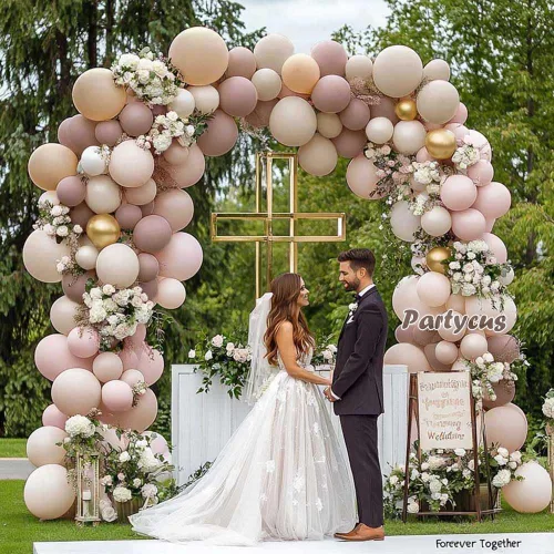 Vista 6 de Arco de globos de color rosa claro y beige con doble relleno, color malva, color nude y blanco crema mate, kit de guirnalda de globos para baby Rosa