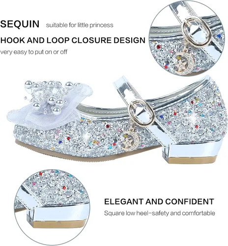 Vista 3 de AMFIXME Zapatos de vestir para niñas con 2 pares de calcetines, zapatos de tacón bajo Mary Jane para boda, fiesta, flores, zapatos de princesa