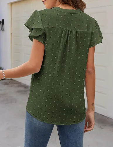 Vista 4 de Zeagoo Blusas fluidas con cuello en V para mujer, manga corta, con volantes, lunares suizos, camisas casuales con botones, tallas S-XXL