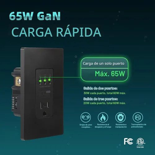 Vista 3 de TOPELER Tomacorriente USB de pared negra, tomacorriente USB de carga ultrarrápida GaN de 65W para laptop, receptáculo resistente a manipulaciones