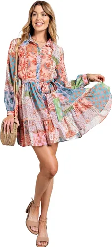 Vista 5 de Vestido camisero de manga larga con estampado de flores multicolor