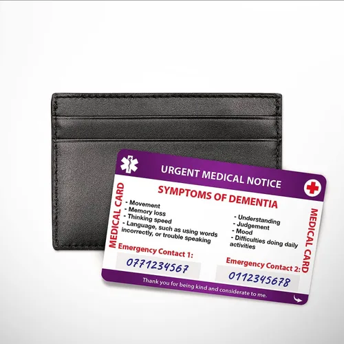 Vista 6 de Concientización de la tarjeta médica con panel grabable y cordón modelado, tarjeta de PVC de contacto de emergencia (Demencia)