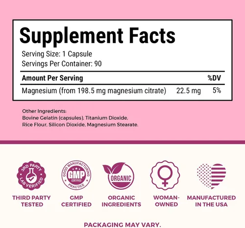 Vista 7 de VITA-PCOS Cápsulas de citrato de magnesio para mujeres 198.5 mg – Suplemento de magnesio puro de alta absorción para energía, estables de ánimo