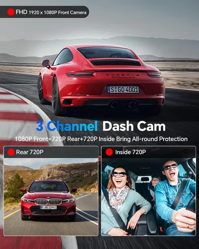 Vista 2 de Dash Cam frontal y trasera interior de 3 canales, cámara de tablero 1080P con tarjeta de 64 GB