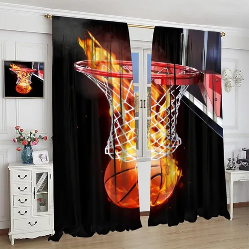 Vista 4 de Cortinas deportivas de baloncesto para niños, patrón de llama de bola 3D naranja, 42 pulgadas de ancho x 45 pulgadas de largo