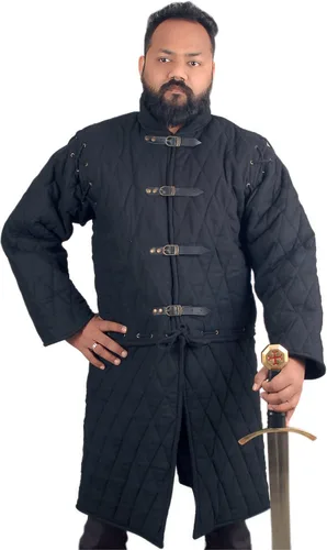 Vista 9 de Medieval gruesa acolchada mangas completas Gambeson abrigo Aketon chaqueta armadura, tela de algodón negro