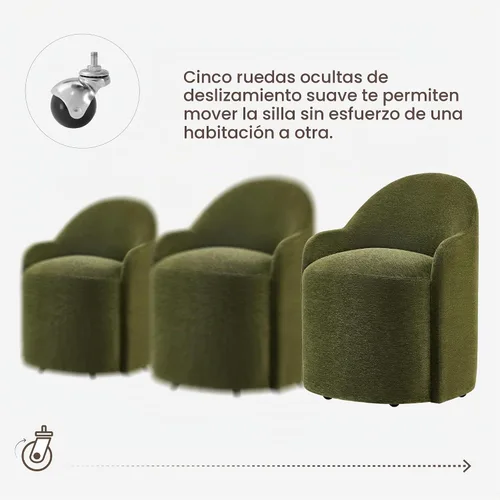 Vista 3 de KISLOT Sillas de comedor tapizadas con ruedas, sillas de comedor modernas sin montaje, silla de tocador con 5 ruedas y respaldo redondo para Verde