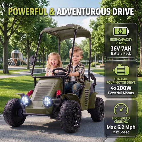 Vista 3 de Hikole Carrito de golf para niños de 36 V, auto de 2 plazas con control remoto y toldo, 4WD Verde militar