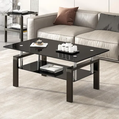 Vista 6 de Moderna mesa de centro de cristal templado negro, 39.4 pulgadas de ancho x 23.6 pulgadas de profundidad x 17.7 pulgadas de alto, mesa auxiliar