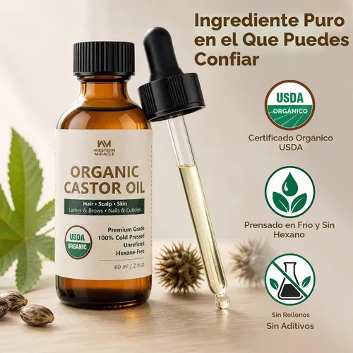 Vista 2 de Aceite de ricino orgánico prensado en frío USDA para cabello, pestañas
