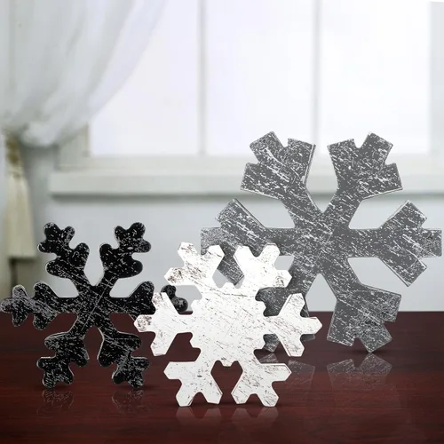 Vista 10 de Bucherry 3 copos de nieve de invierno de madera, negro, blanco