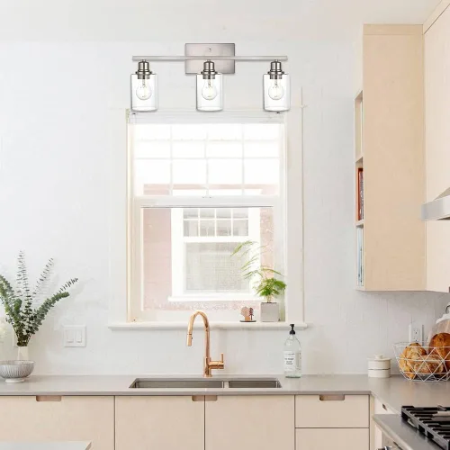 Vista 6 de Lámpara de pared de 3 luces de níquel cepillado de metal, lámpara de tocador de interior con pantalla de vidrio transparente, accesorios