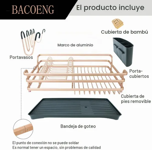 Vista 5 de BACOENG Escurridor de platos de aluminio, nunca se oxida con soporte extraíble para cubiertos y soporte para tazas, tablero de drenaje giratorio