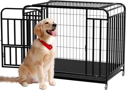 Vista 9 de Jaula para perros extra grande de 38 pulgadas, fácil de limpiar, con ruedas bloqueables, perrera indestructible para perros con ansiedad, resistente