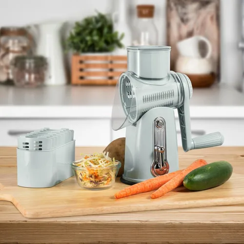 Vista 7 de Rallador de queso giratorio 5 en 1 con asa, cuchillas de acero inoxidable, cortador de verduras, triturador, rallador de zanahorias y repollo