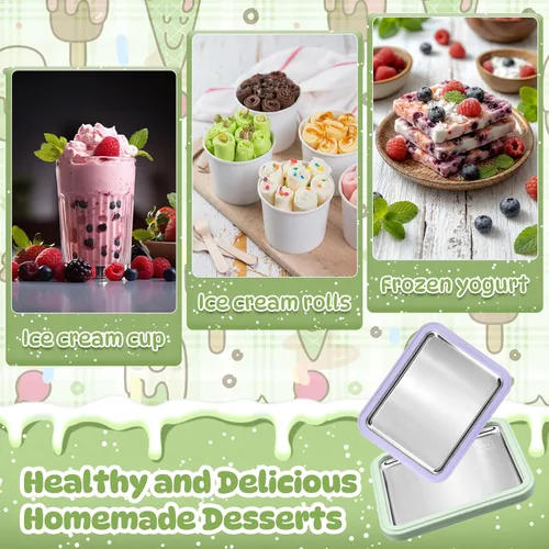 Vista 6 de 2 juegos de helados enrollados, bandeja de helado enrollada con 2 raspadores, placa de acero inoxidable instantánea para hacer granizados sorbete