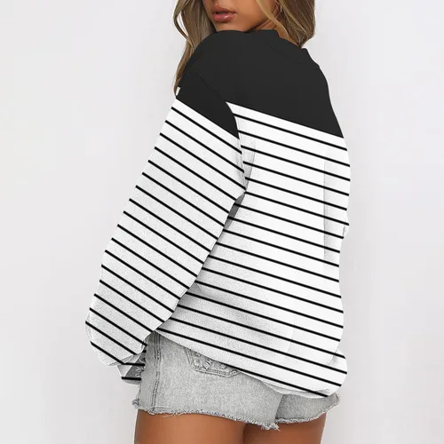 Vista 5 de Tuianres Fall Tops for Women 2023 Trendy Round Neck Loose Oversized Tees Casual Stripes Patchwork T-Shirt Pullover Tops