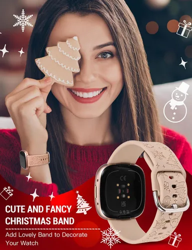 Vista 4 de W-RARA Correa de reloj grabada de Navidad compatible con Fitbit Versa 4/Versa 3/Sense 2/Sense, mujeres y hombres, silicona suave, lindo muñeco